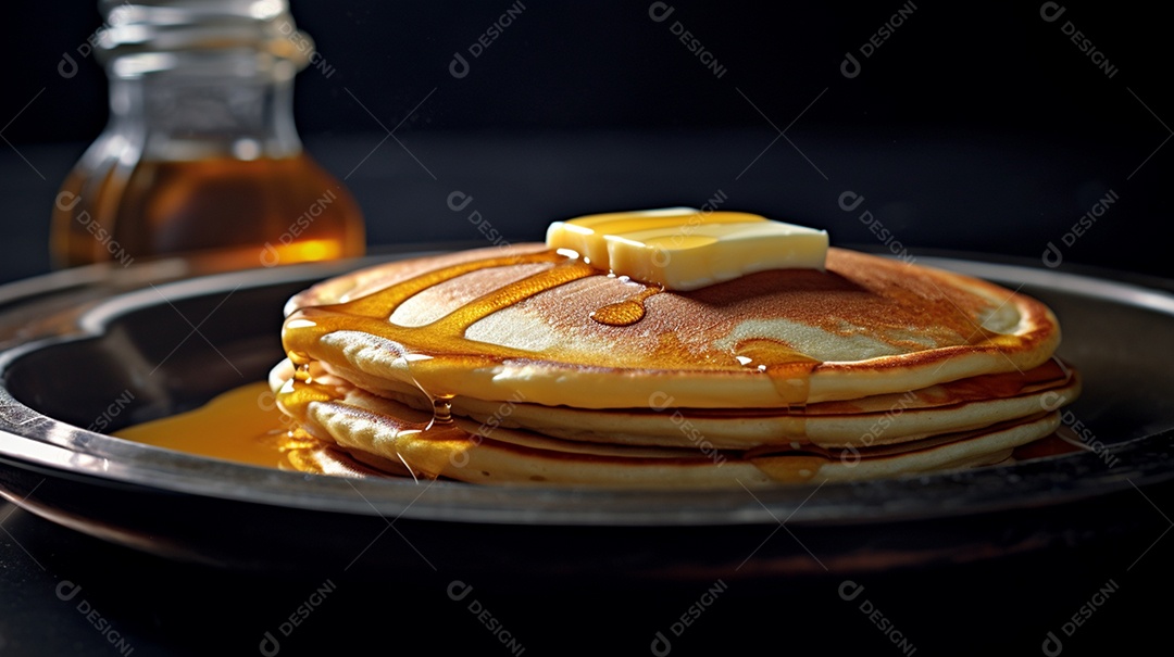 Panquecas com calda de caramelo sobre um prato mesa de madeira