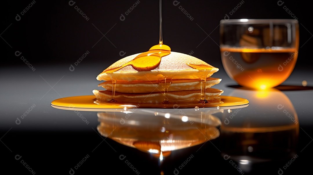 Panquecas com calda de caramelo sobre um prato mesa de madeira