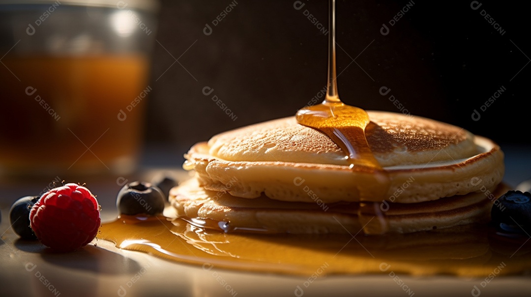 Panquecas com calda de caramelo sobre um prato mesa de madeira