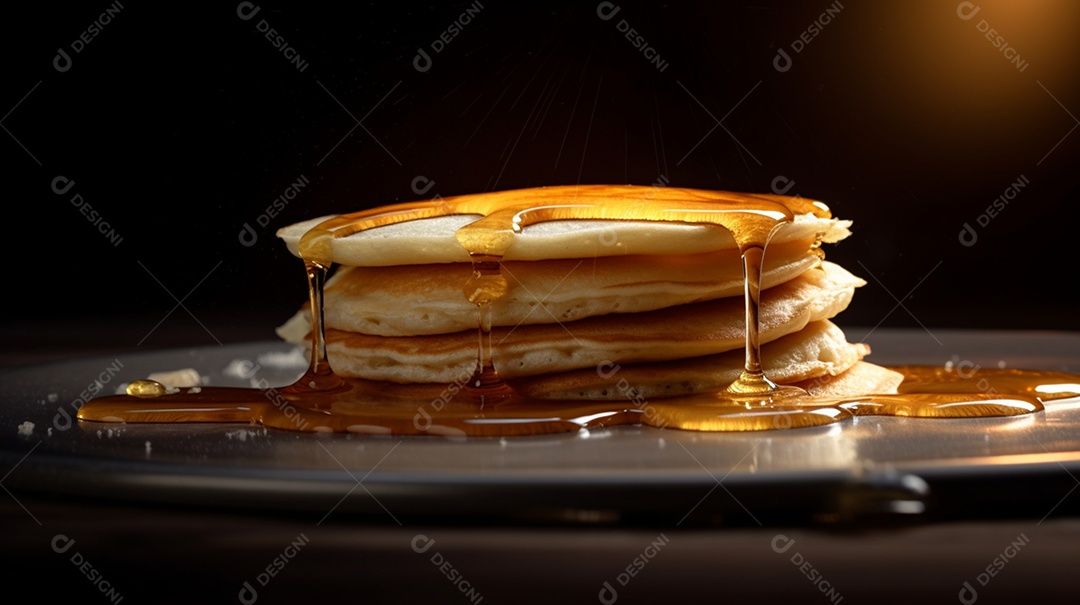 Panquecas com calda de caramelo sobre um prato mesa de madeira