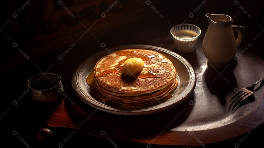 Panquecas com calda de caramelo sobre um prato mesa de madeira