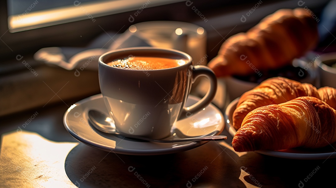 Xícara de café ao lado de bolos sobre uma mesa de café da manhã