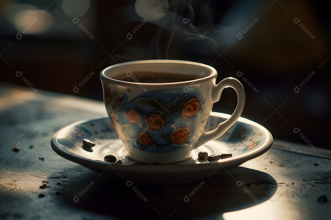 Xícara de café sobre uma mesa de madeira