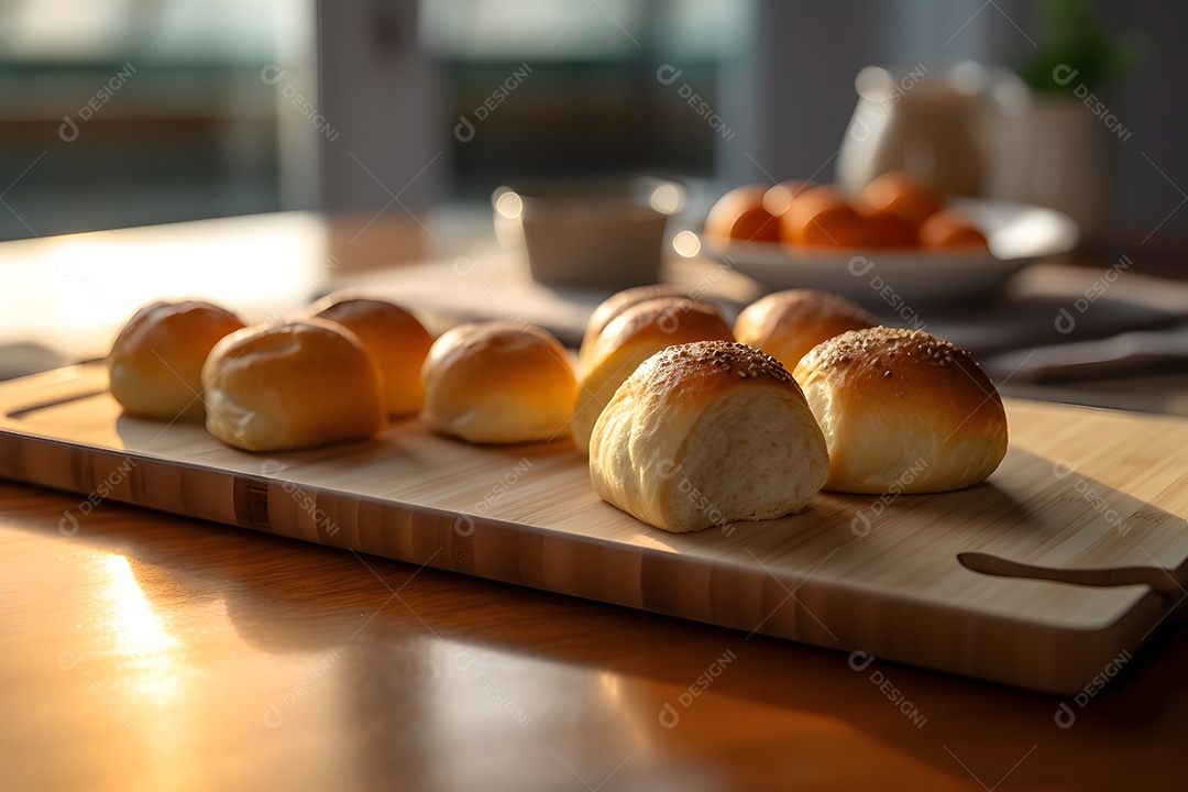 Pães de queijo sobre tábua de madeira