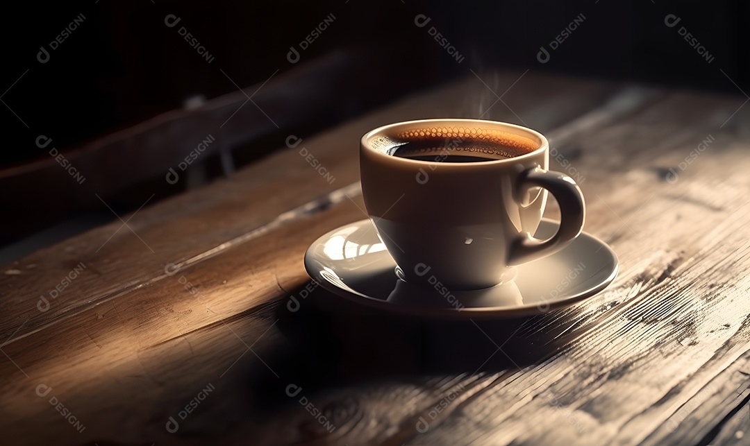 Xícara de café sobre uma mesa de madeira