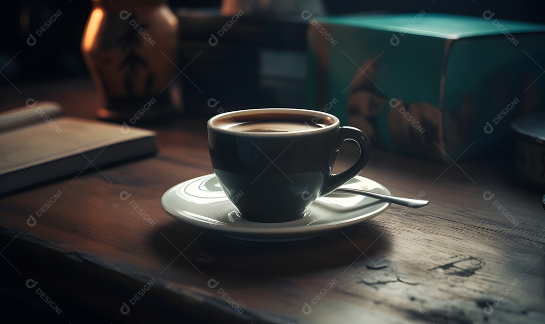 Xícara de café sobre uma mesa de madeira