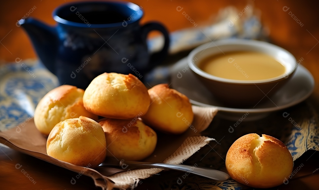 Xícara de café ao lado de bolos sobre uma mesa de café da manhã