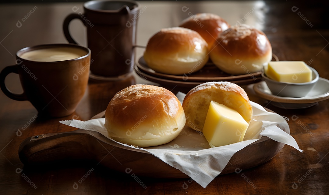 Xícara de café ao lado de bolos sobre uma mesa de café da manhã