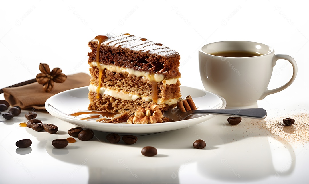 Xícara de café ao lado de fatia de bolo sobre fundo isolado