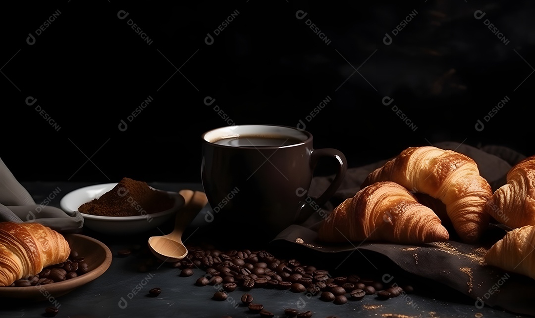 Xícara de café ao lado de pães fresco sobre uma mesa de madeira