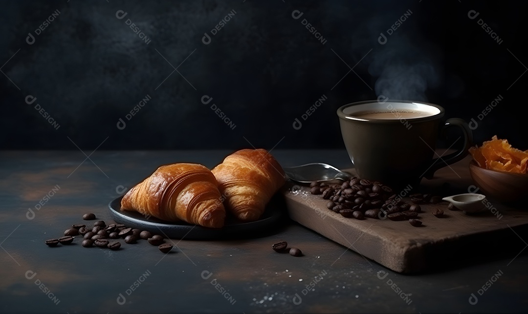 Xícara de café ao lado de pães fresco sobre uma mesa de madeira