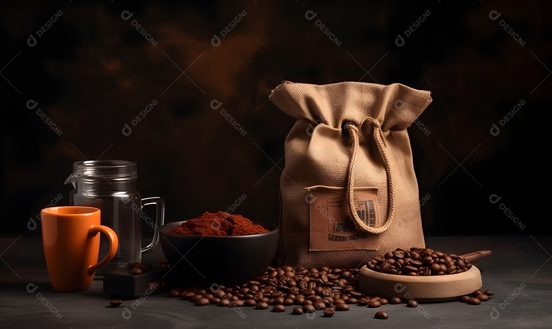 Xícara de café ao lado de saco sobre fundo isolado