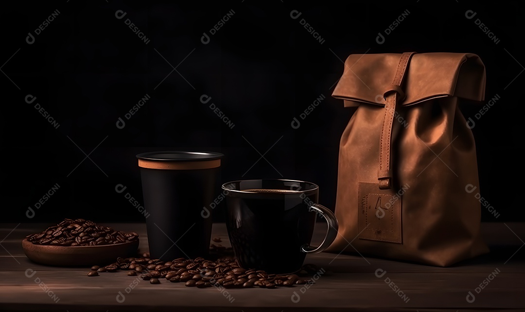 Xícara de café ao lado de saco sobre fundo isolado