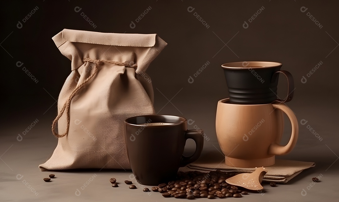 Xícara de café ao lado de saco sobre fundo isolado
