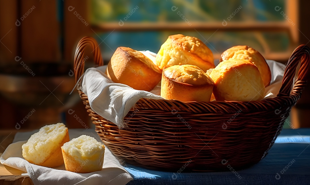 Cesta de pães de queijo sobre uma mesa de madeira
