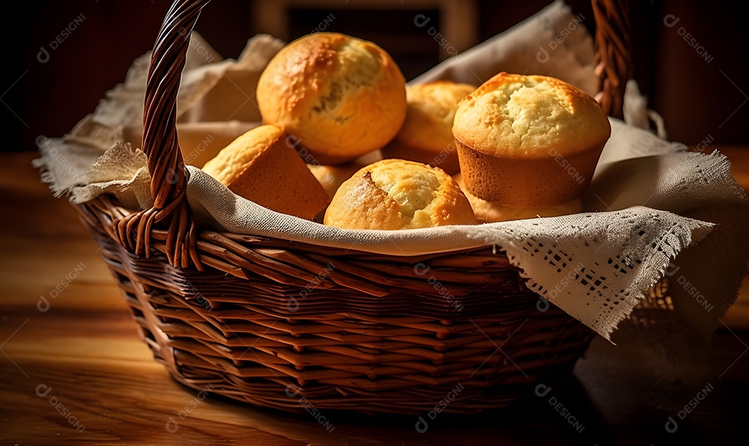 Cesta de pães de queijo sobre uma mesa de madeira