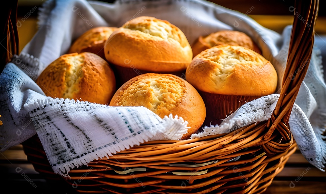 Cesta de pães de queijo sobre uma mesa de madeira