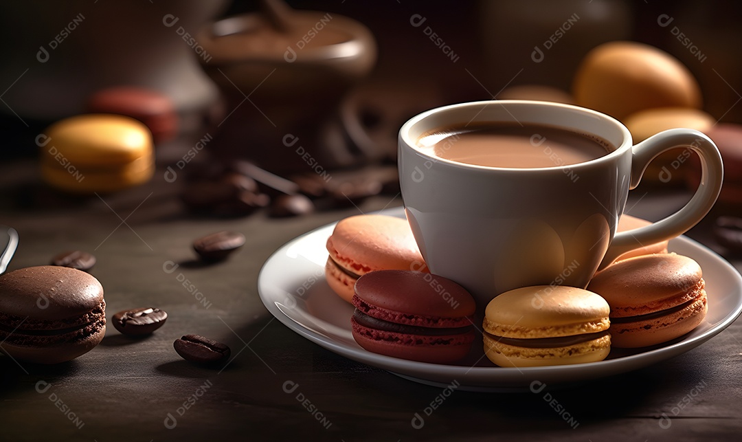 Xícara de café ao lado de bolos sobre uma mesa de padaria