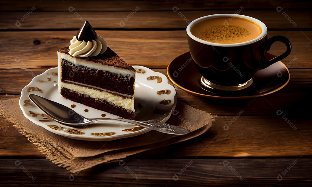 Xícara de café ao lado de fatia de bolo sobre uma mesa de madeira