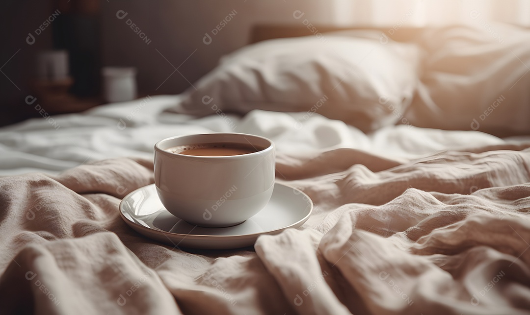 Xícara de café sobre uma cama
