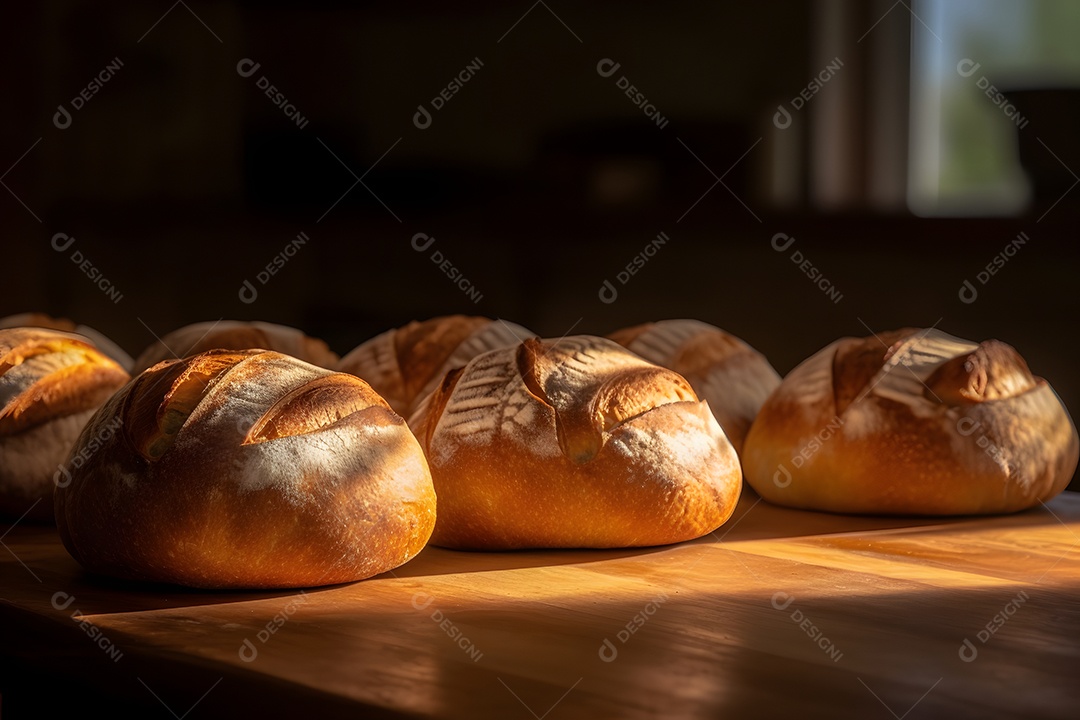 Pães assada sobre mesa madeira