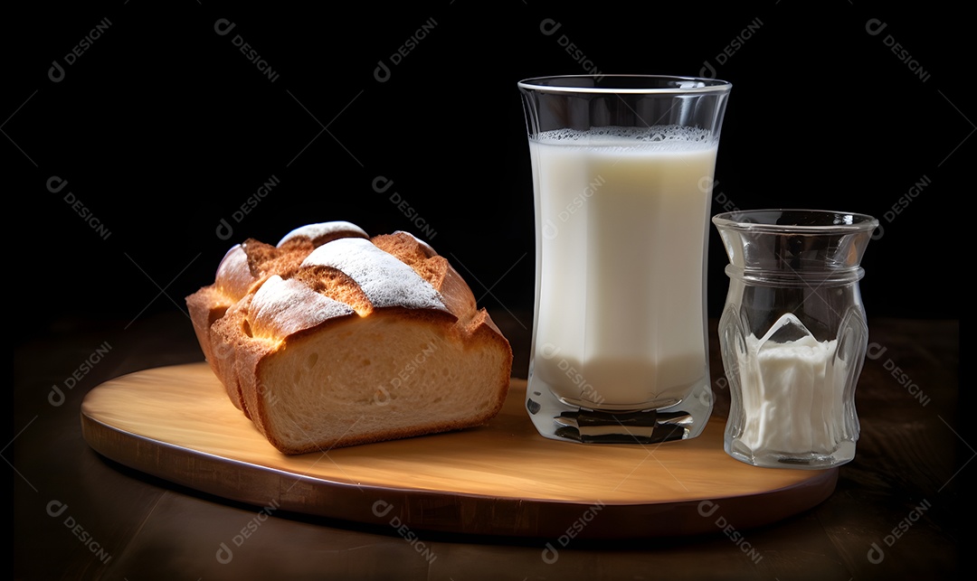 Copo de leite ao lado de fatia de pão sobre fundo isolado