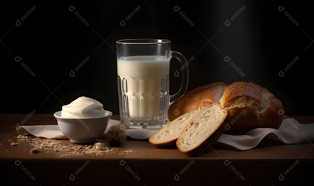 Copo de leite ao lado de fatia de pão sobre fundo isolado