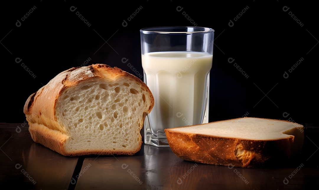Copo de leite ao lado de fatia de pão sobre uma mesa de madeira