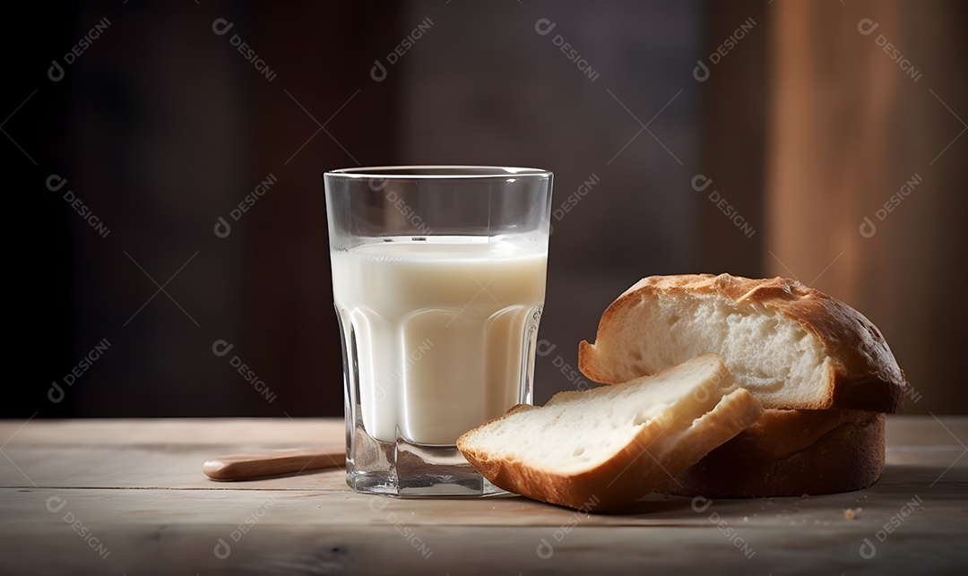 Copo de leite ao lado de fatia de pão sobre uma mesa de madeira