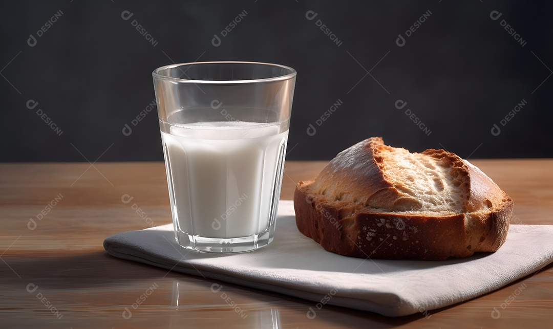 Copo de leite ao lado de fatia de pão sobre uma mesa de madeira