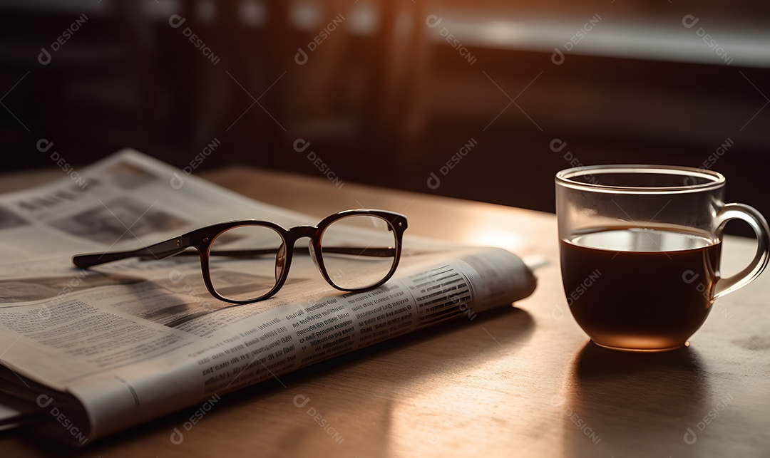 Óculos ao lado de xícara sobre uma mesa de madeira
