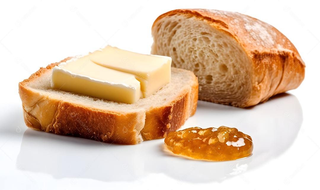 Pão fatiado ao meio com recheio de Mantega