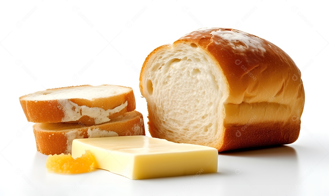 Pão fatiado ao meio com recheio de Mantega