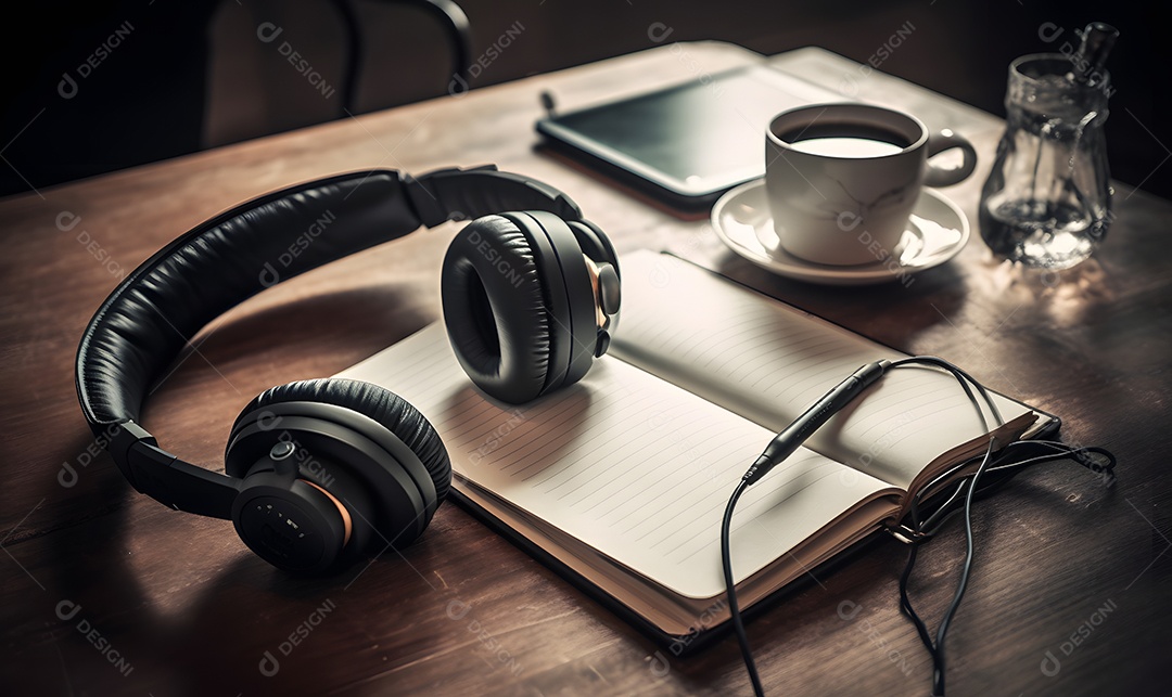 Fones de ouvido caderno em branco xícara de café