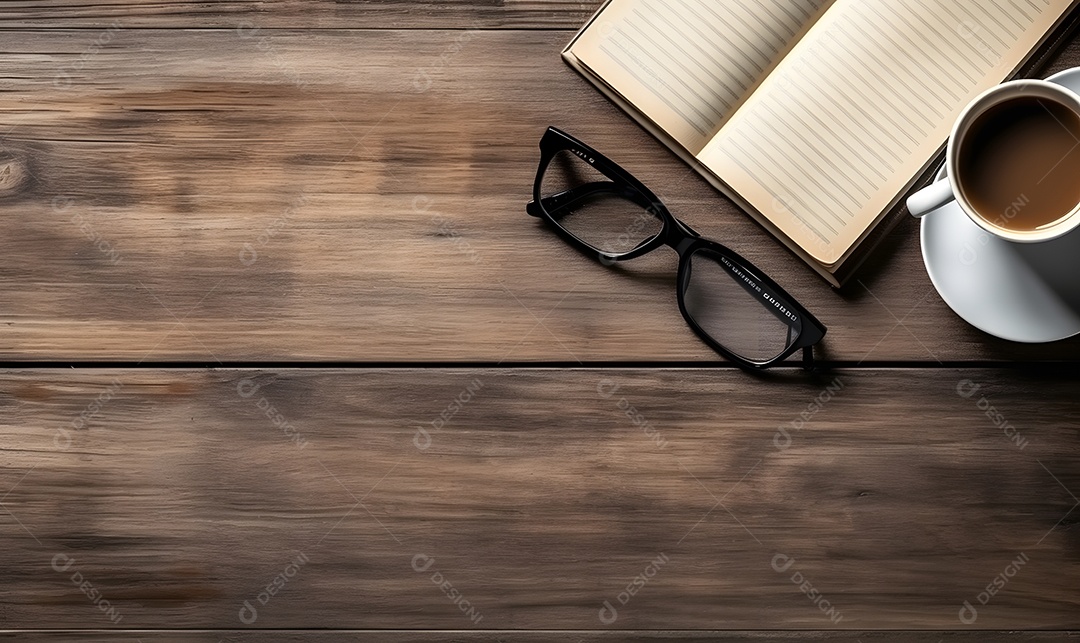 Óculos Livro xícara de café sobre uma de madeira