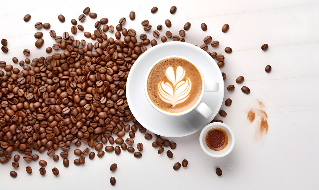 Xícara De Cappuccino Branca e Grãos De Café