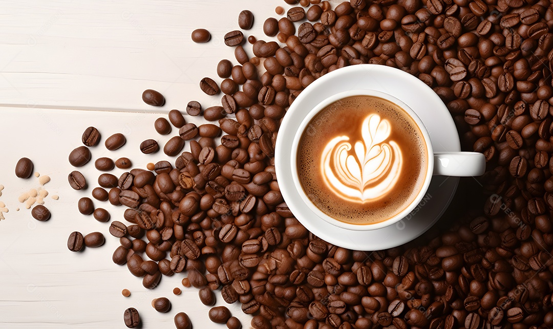 Xícara De Cappuccino Branca e Grãos De Café