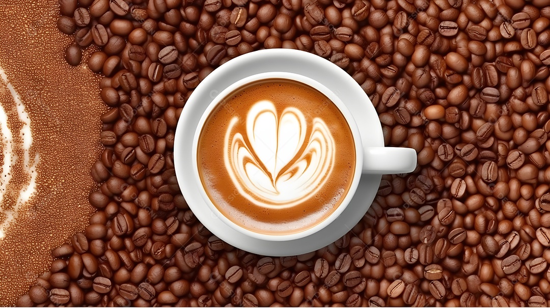 Xícara De Cappuccino Branca e Grãos De Café