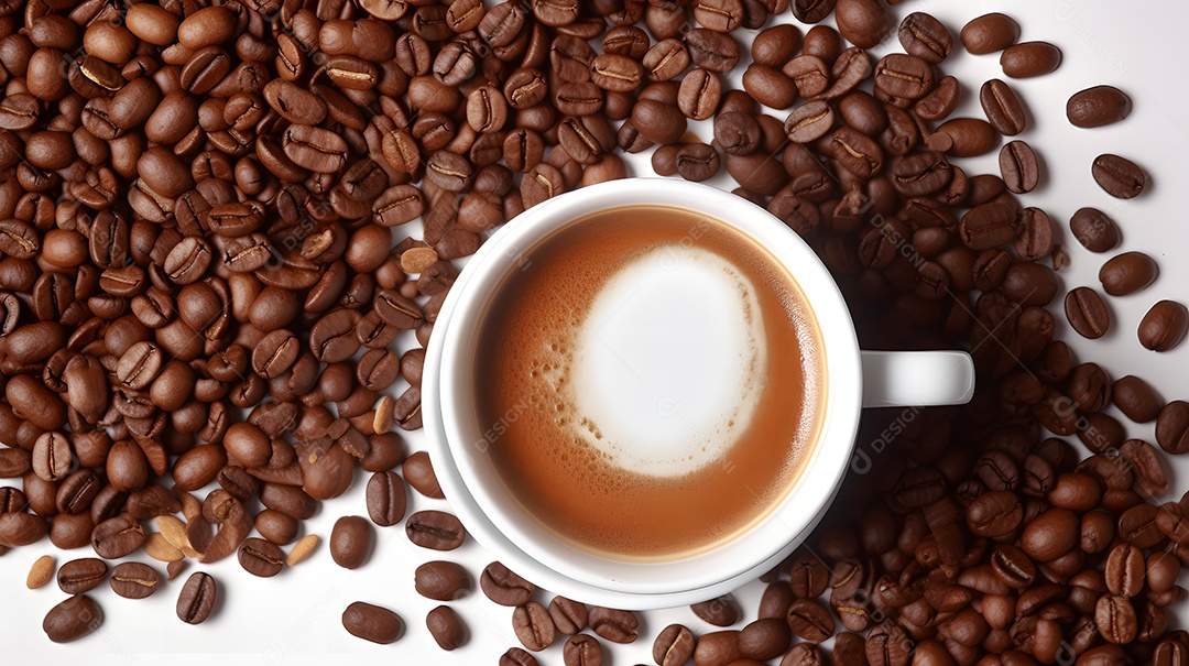 Xícara Branca De Cappuccino e Grãos De Café