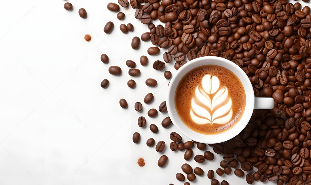 Xícara Branca De Cappuccino e Grãos De Café