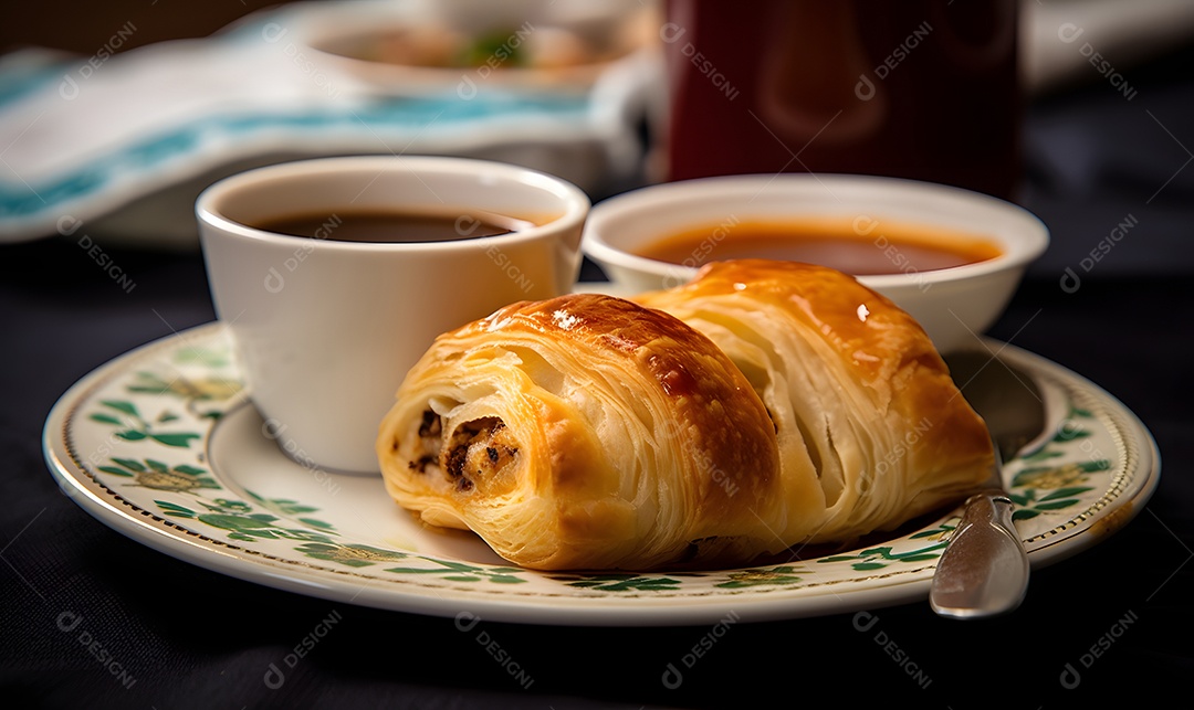 Pão recheado sobre um prato ao lado de xícara de café