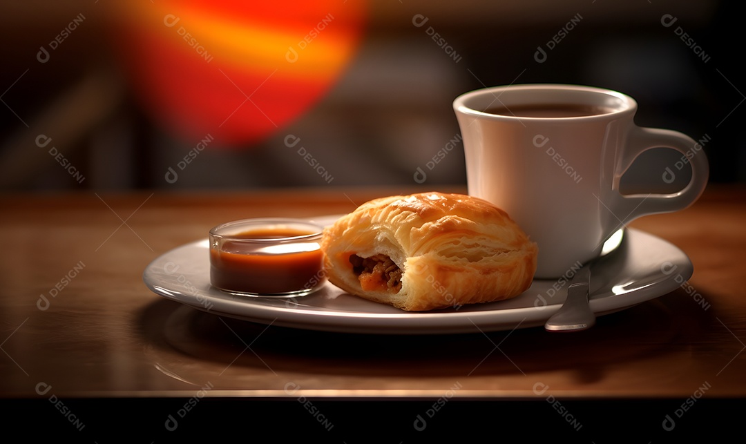 Pão recheado sobre um prato ao lado de xícara de café
