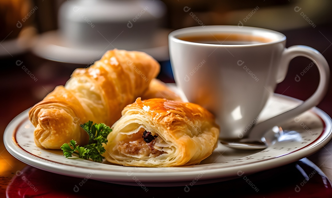 Pão recheado sobre um prato ao lado de xícara de café