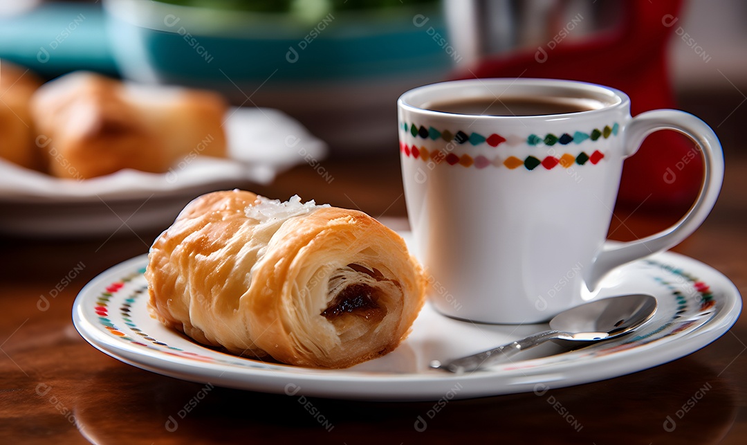 Pão recheado sobre um prato ao lado de xícara de café