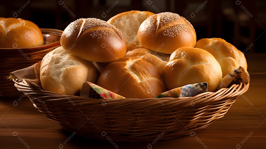 Cesta de pães sobre uma mesa de madeira