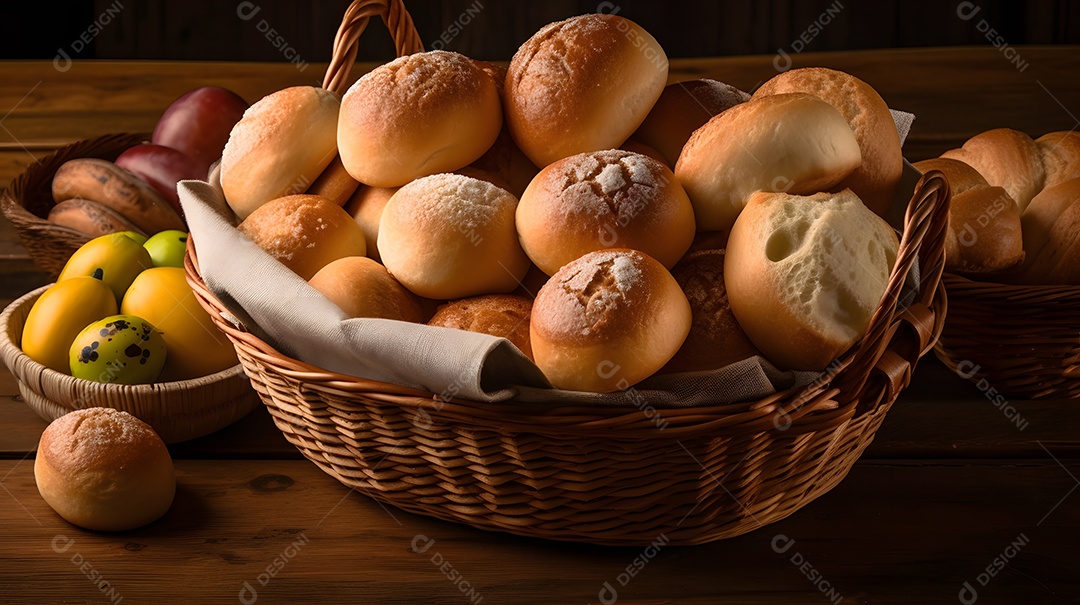Cesta de pão de queijo sobre uma mesa de madeira