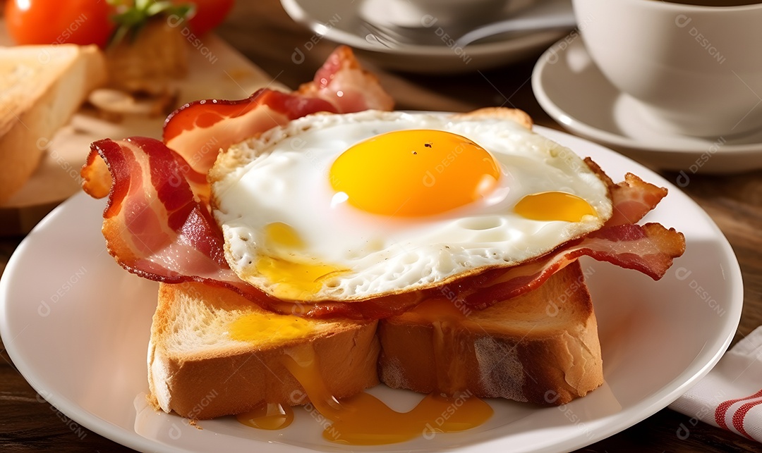 Mesa de café da manha com pão ovo com fatias de bacon