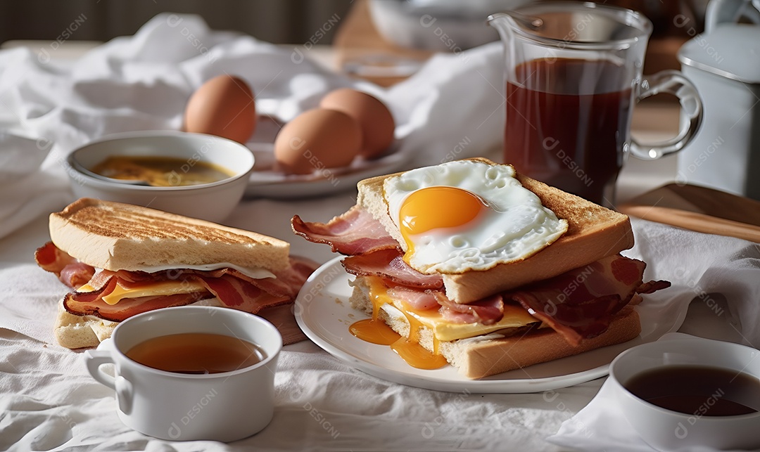 Mesa de café da manha com pão ovo com fatias de bacon