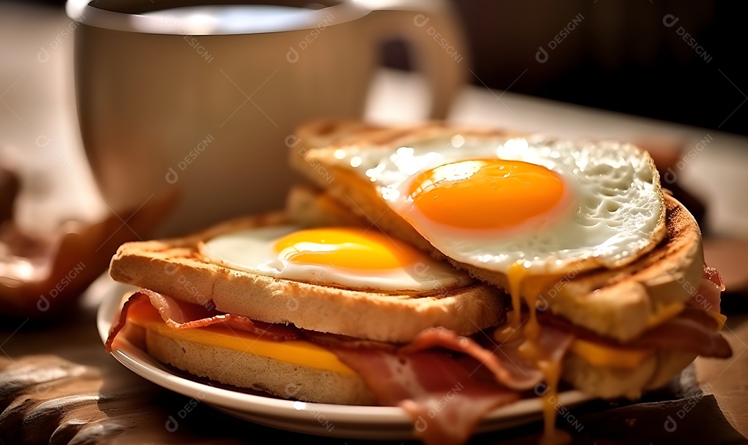 Mesa de café da manha com pão ovo com fatias de bacon