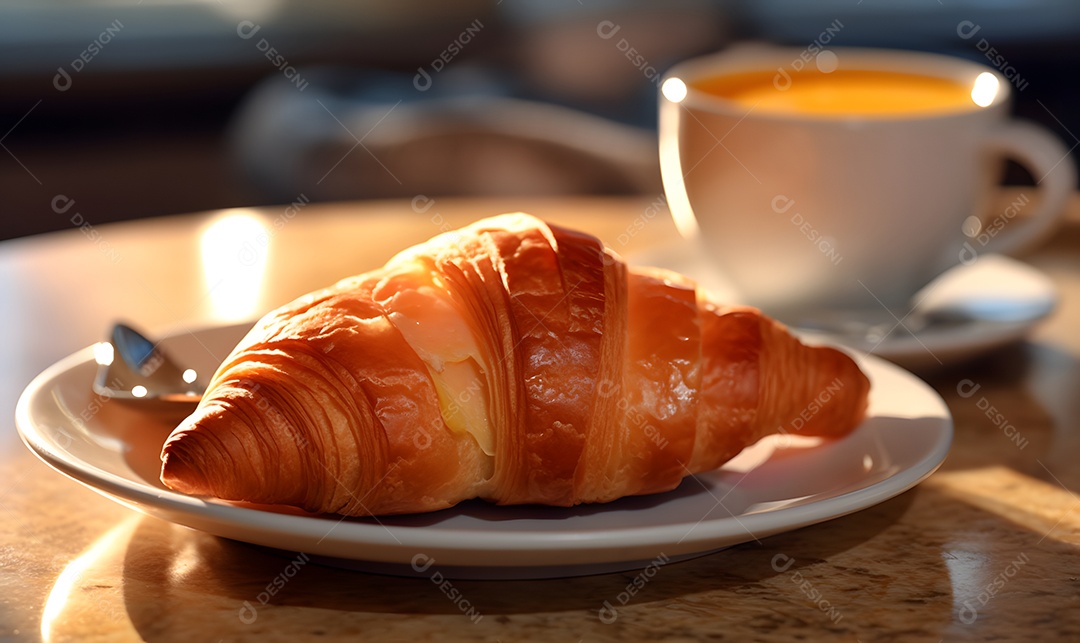 Pão sobre um prato ao lado de xícara de café